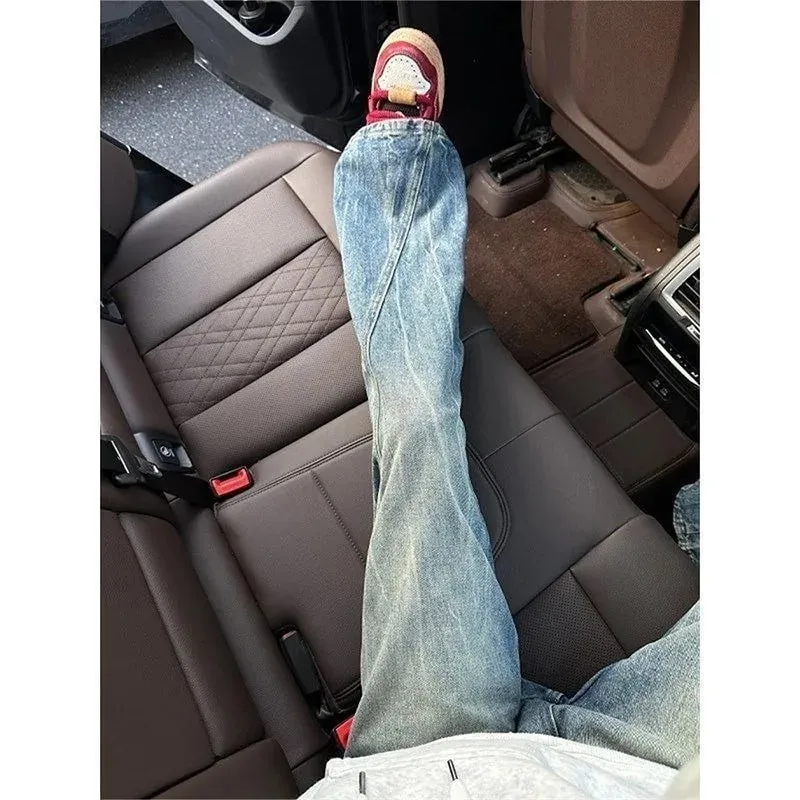 Vintage Men's Jeans Man Pants High Street Washed Denim Blue Jeans Straight Leg Slight Flare Casual Trousers