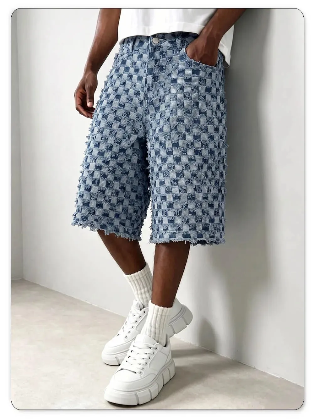 Men Fringe Checkerboard Jacquard Jean Shorts Casual Loose Wide Leg Raw Hem Knee Length Shorts Summer Bermuda Jeans
