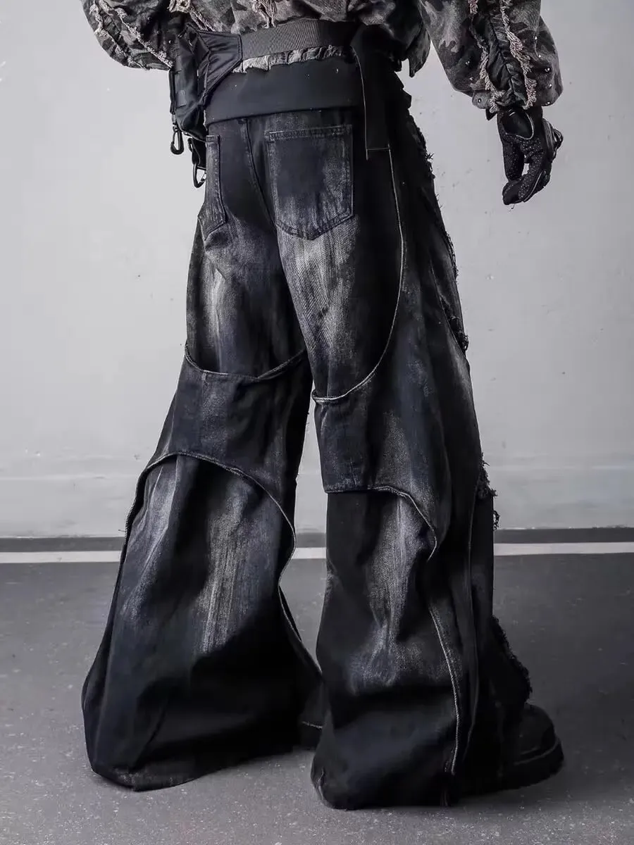 Patchwork Denim Trouser Vintage Men's Oversize Cargo Jeans Pants Clothes Y2k Baggy Flare Jeans Harajuku Japanese 2000s Style