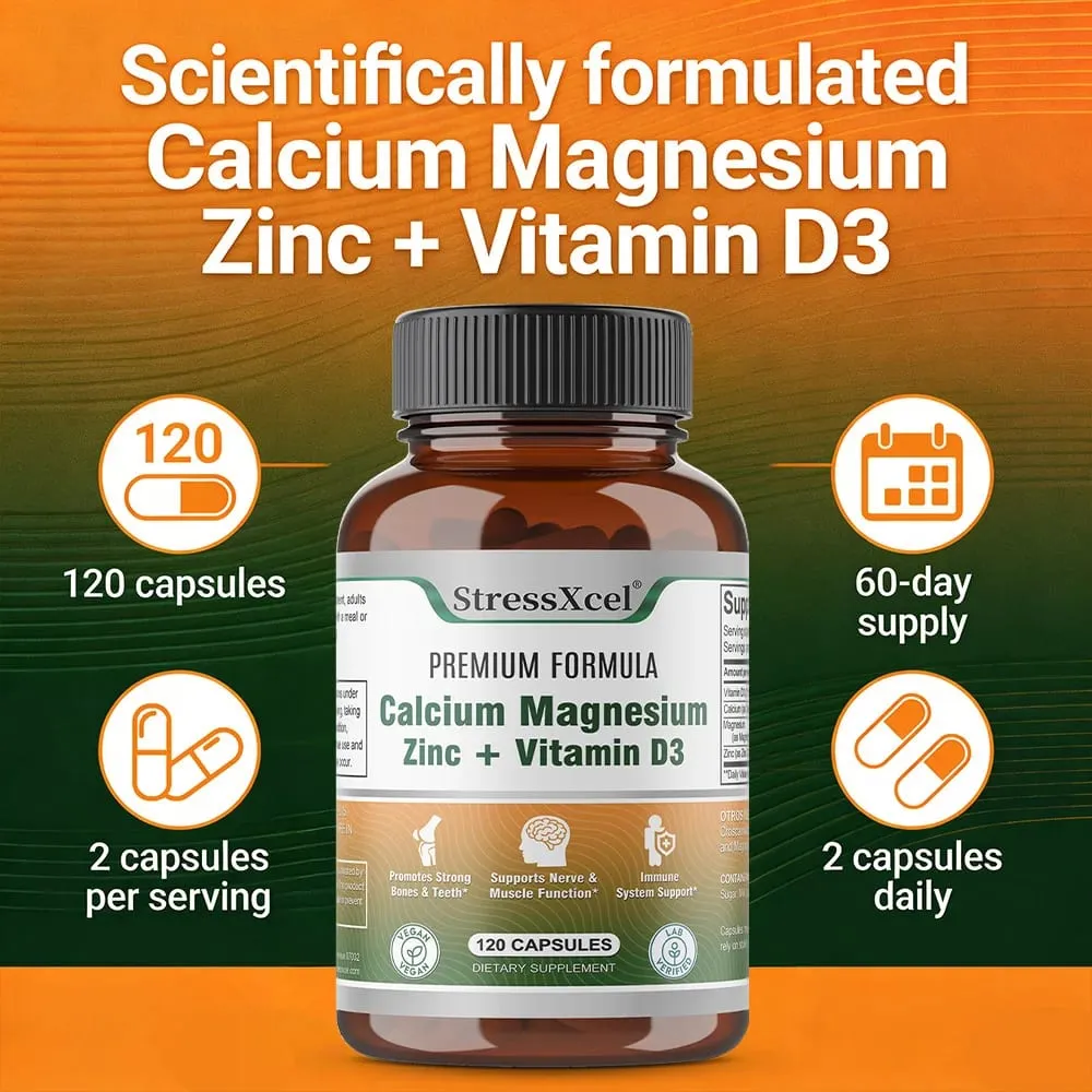 Calcium + Magnesium + Zinc + Vitamin D3 Capsules - Supports Bone and Nervous System Health and Improves Mood