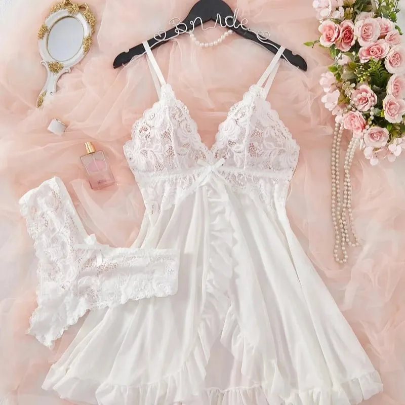 Women's Sexy Lace V-Neck Babydoll Lingerie Set 2 Piece Soft Nightdress with Panty Sleepwear for Honeymoon S-XL