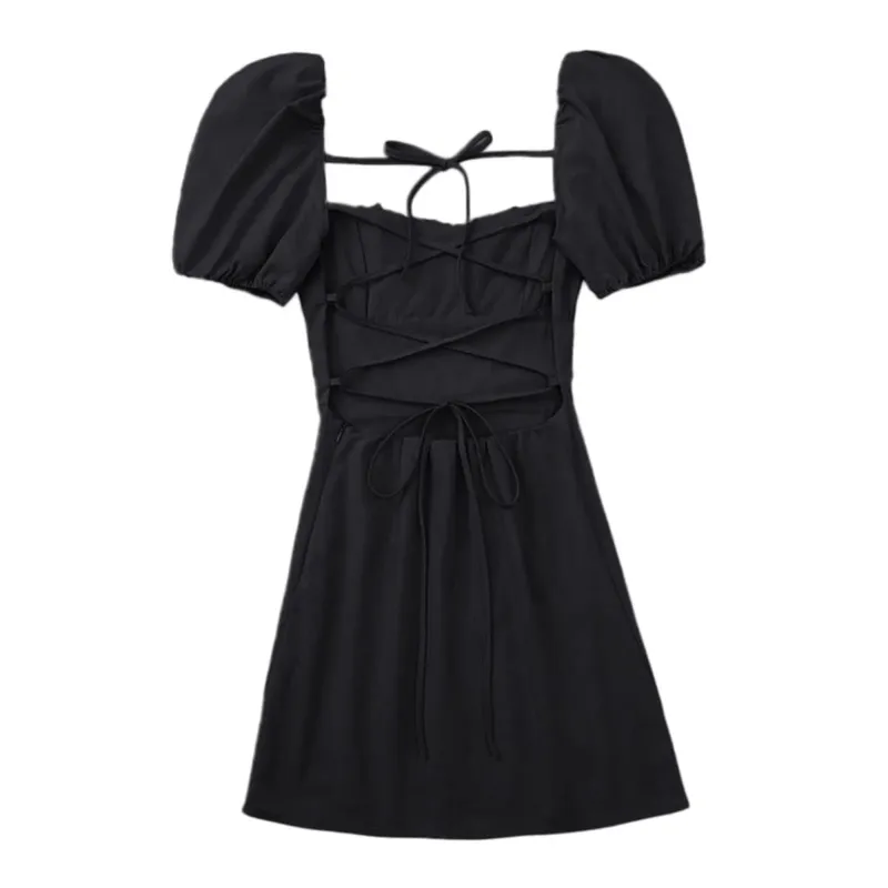 Summer Sexy Mini Dress Women Short Sleeved Lace Up Hollow Casual Backless Folds Bodycon Black Dress Party Elegant A-Line Dresses