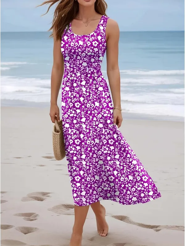 Women Summer Sleeveless Floral Midi Dress U Neck Casual Beach Sundress Boho Print Flowy Long Dress Holiday Vacation Ladies Vest