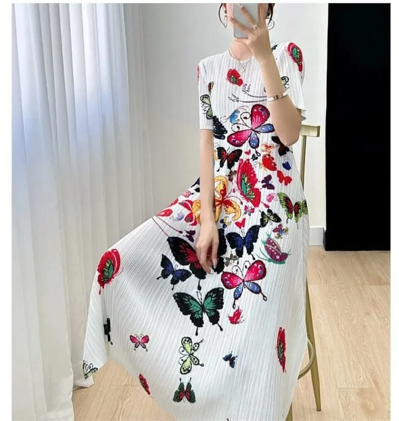 Miyake長洋裝百褶晚禮服印花女夏季百褶百搭時尚輕奢優雅名媛風洋裝