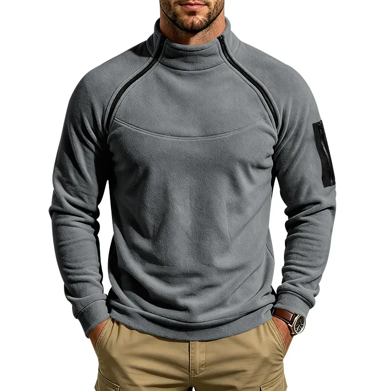Men Fleece Stand Collar Sweatshirt Diagonal Zipper Arm Pocket Long Sleeve Loose Casual Pullover Autumn Winter Outdoor Tops