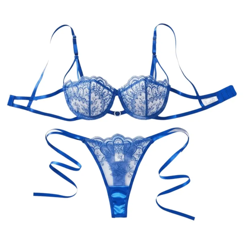 Bohemia Floral Embroidery Lace Lingerie Set Lace-up Mesh Transparent Thong Bra Suit Ultra-thin Hollowed-out Underwear Sets Lady