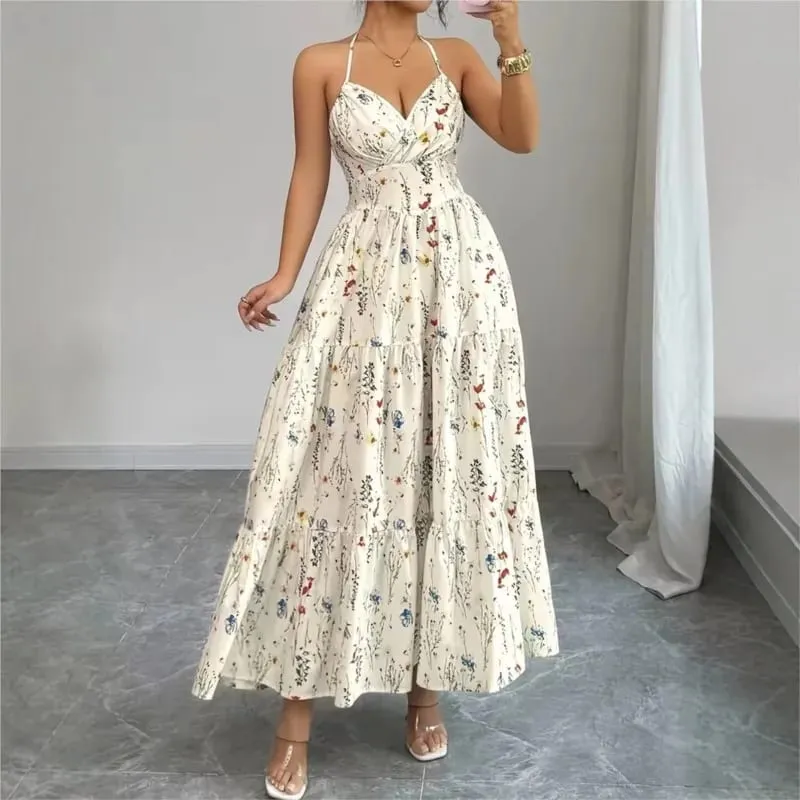 Summer Sexy Suspender Dress Women New Fashionable Elegant Casual Loose Resort Style Sleeveless Mid-Waist V-Neck Long Dresses