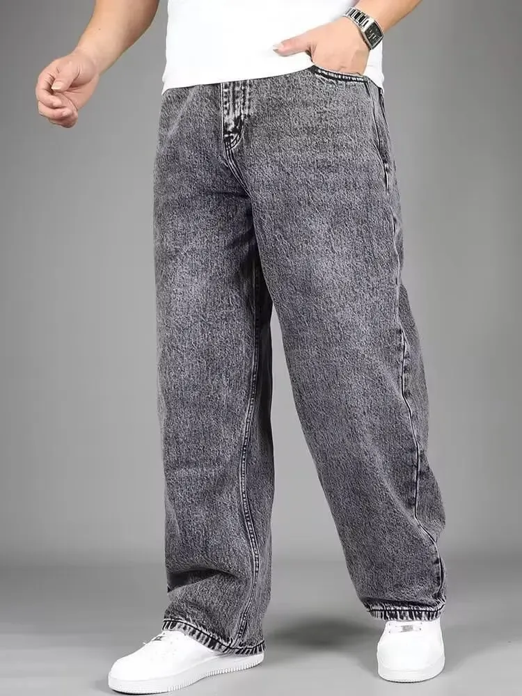 Men Vintage Acid Wash Wide Leg Jeans Loose Baggy Straight Denim Pants Retro Gray Washed Casual Streetwear Long Trousers