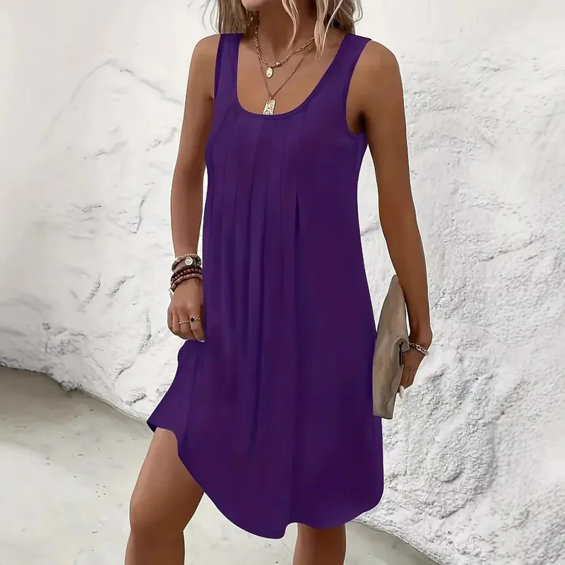 2026 New Casual Women Tank Dresses U Neck Front Pleated Loose Swing Mini Dress Solid Color Soft Summer Beach Daily Wear Robes