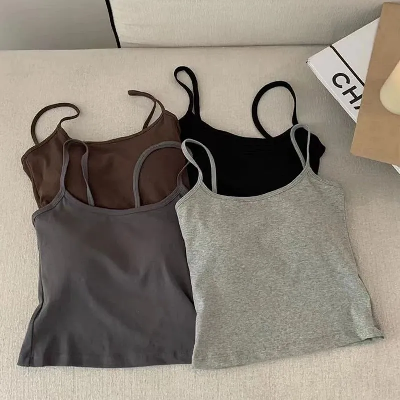 1PC Cotton Spaghetti Straps Sleeveless Slim Camisole Women Soft Breathable Vests with Chest Pad Summer Wear Outside Short Tops