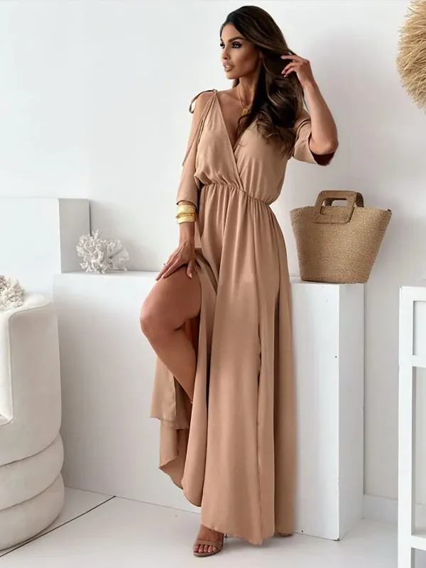 Summer V-neck Skirt Slit Dress Off-shoulder Sleeves Sexy Spaghetti Strap Dress Fashion Elegant Loose Beach Dresses Robe Femme