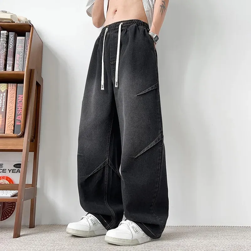 Spring And Summer Korean Retro Men'S Jeans Loose Wide Leg Pants Casual Straight Leg Pants Drawstring Workwear Pants