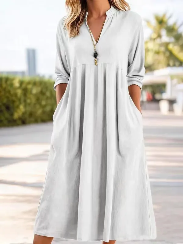 Spring Summer 2026 Loose Dress Women Vintage Linen V-neck Dual Pockets Mid-Calf Length One Piece Solid Dresses 3/4 Sleeve 64060 — image 5