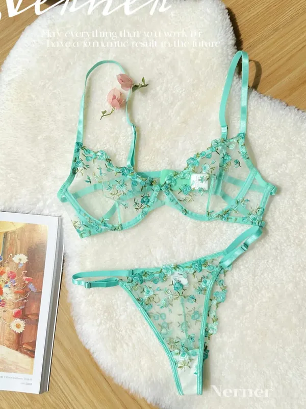 Korean Hot Lace Bra Set Floral Embroidery Transparent Mesh Ultra Thin Big Bust Modest Summer Ladies Daily Wear Underwear 32-38