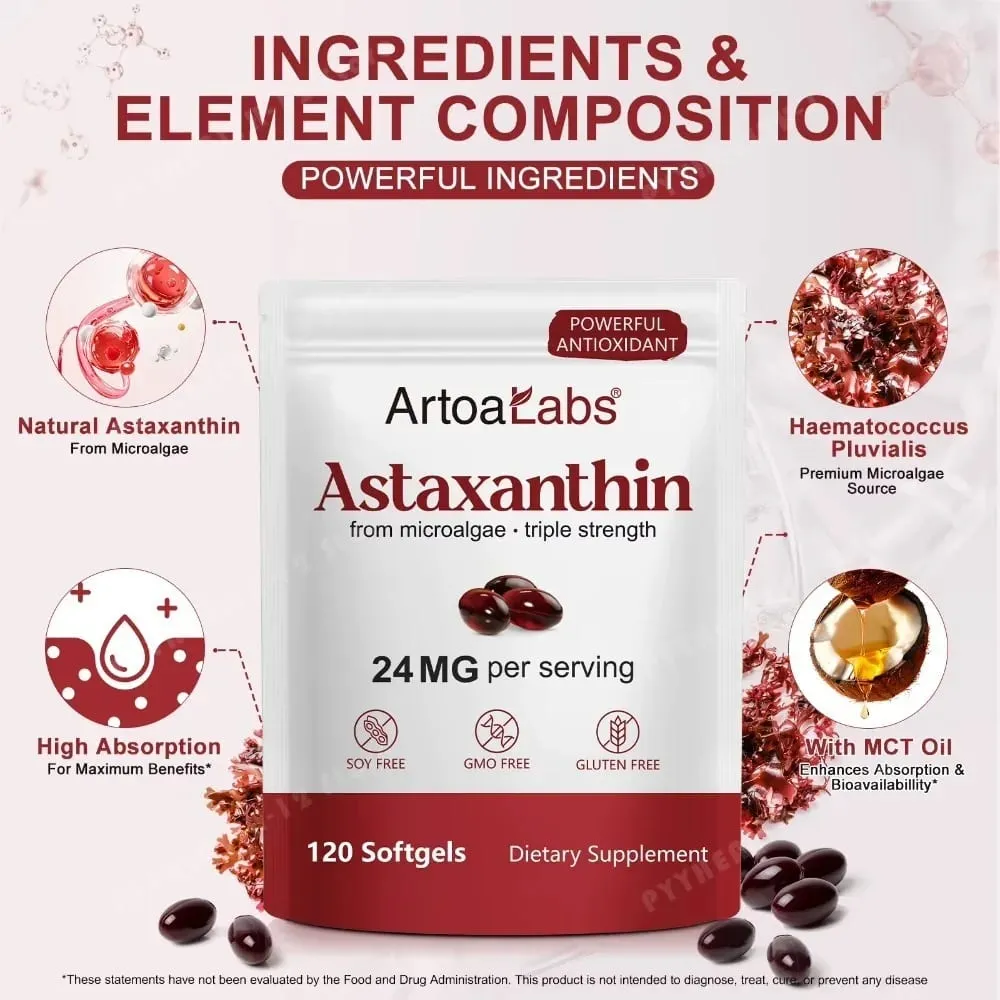 Astaxantina Softgels 24mg Tripla Força Poderoso Antioxidante Suporte à Saúde dos Olhos Microalgas Sem Soja Sem Glúten 120 Contagens