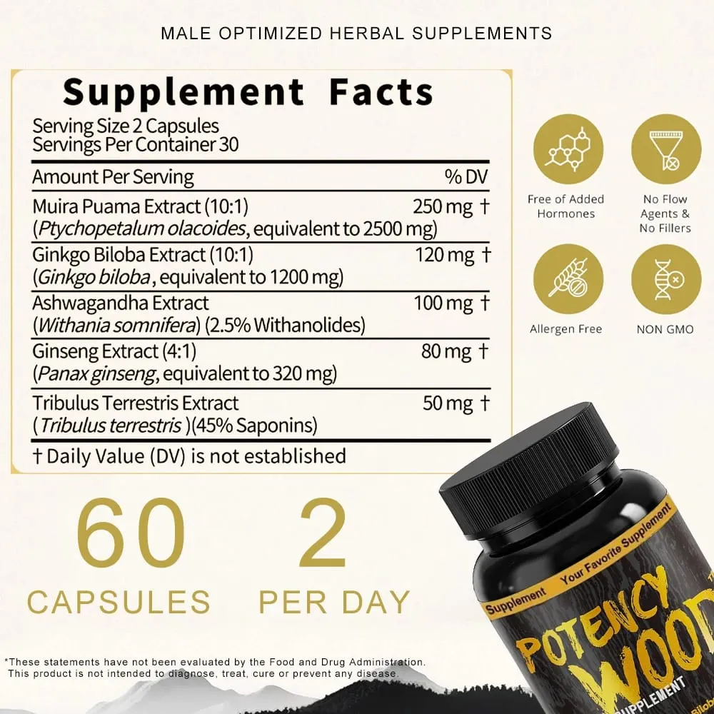 Potency Wood Vitality Boost Capsules - Energy Libido Focus Supplement - Ginseng Ashwagandha Herbal Supplements 60 Capsules