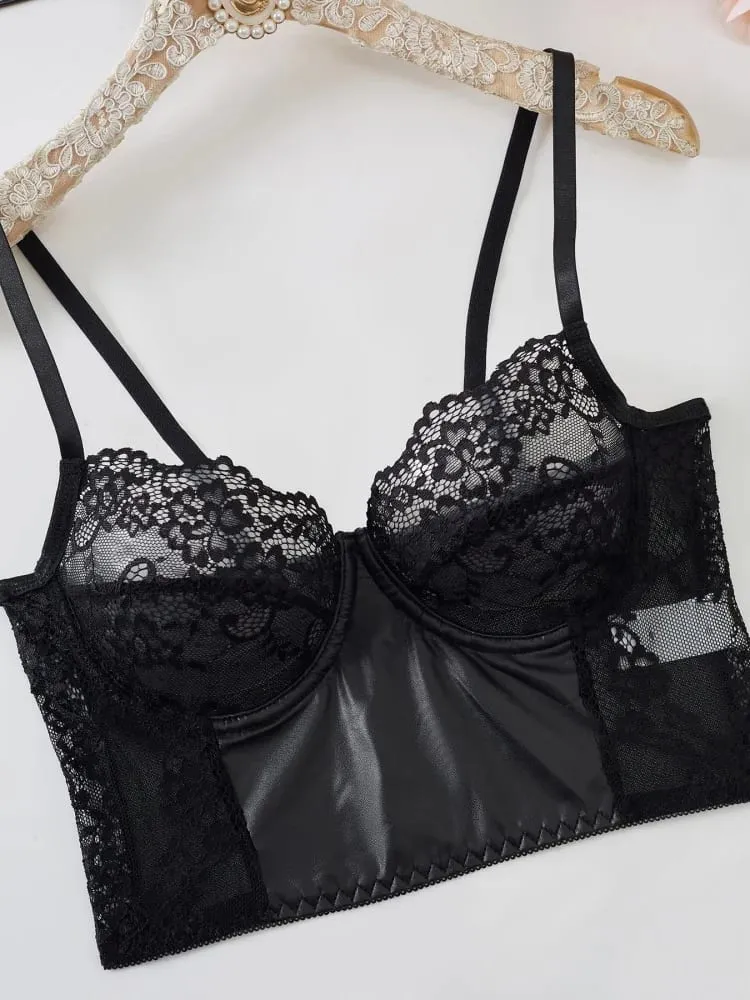2Pcs Black Lace Bra Set French Style Women Bra Panties Breathable Mesh Underwear Elegant Ladies Ultra Thin Underwear Panties Set