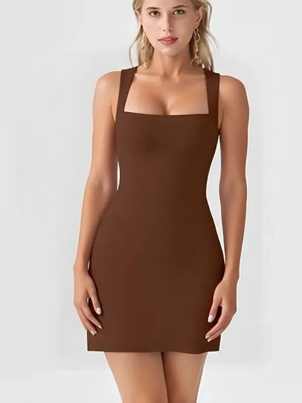 Simple Solid Color Slip Dress Summer Elegant Square Neck Sleeveless Short Dressest Fashion Versatile Casual Slim Fit Dress