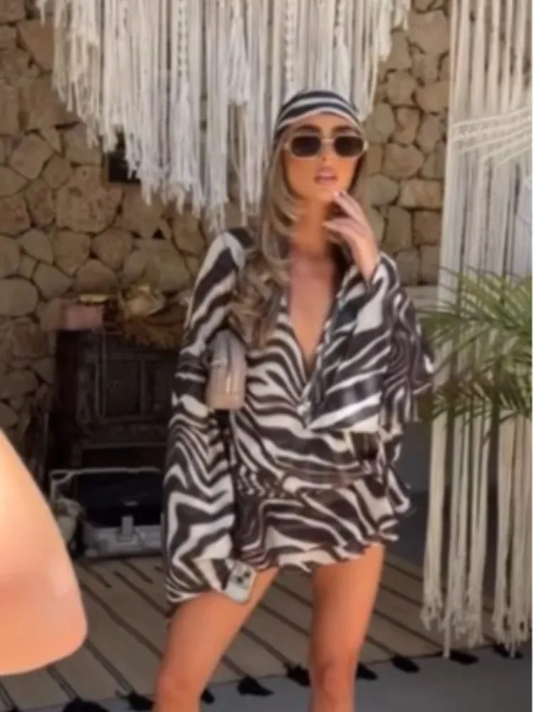 Retro mini šaty Zebra s potiskem Dámské Sexy Hluboký výstřih do V Zvonek Volán Šaty volného střihu 2026 Lady Summer Party Club Vestidos