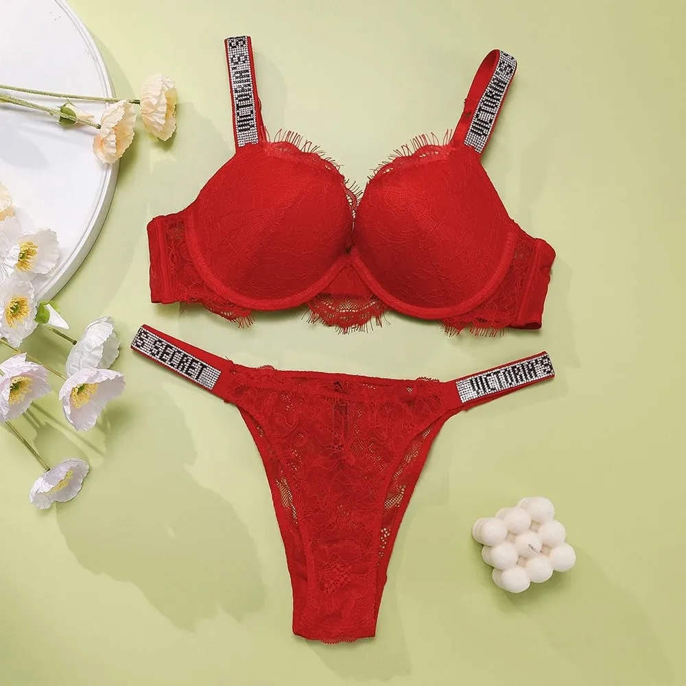 Victoria Secret Sexy Lingerie Set Very Sexy Eyelash Lace Fringe Trim Push Up Bra Shine Script Thong Panty Women — image 3