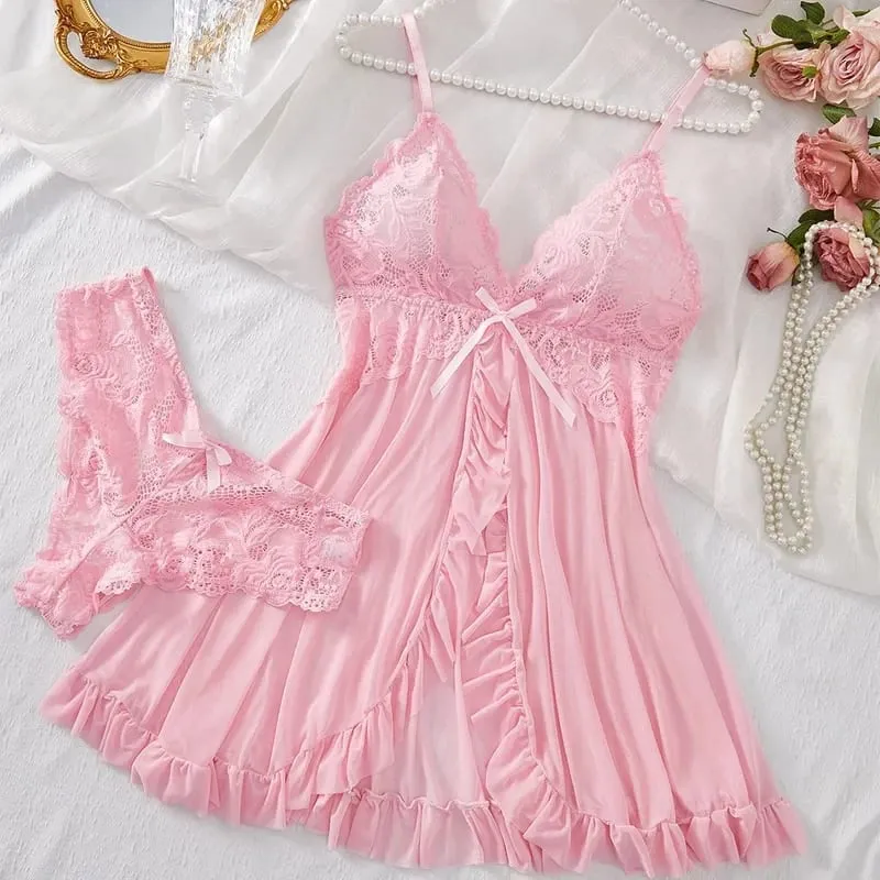 Women Lace Lingerie Set Solid Soft Slim Bra Nightdress Sexy Sleepwear For Women