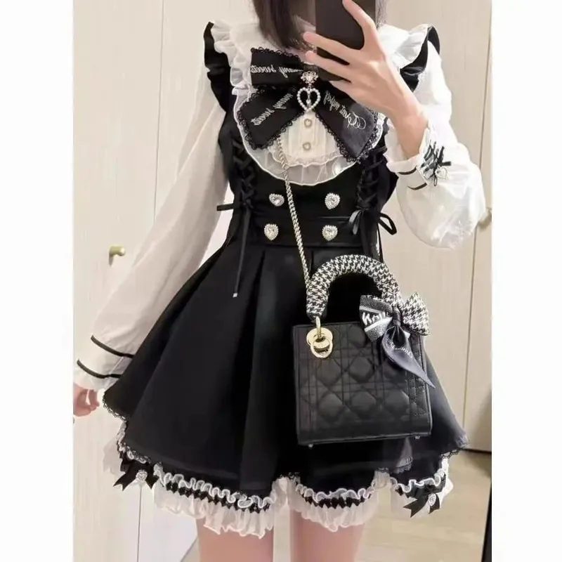 Sweet Lolita Style Lace Pearl Cute Print Shirt Dresses Japanese Kawaii Bow Dress Set Gothic Y2k Tea Party Women Dress 2025 New