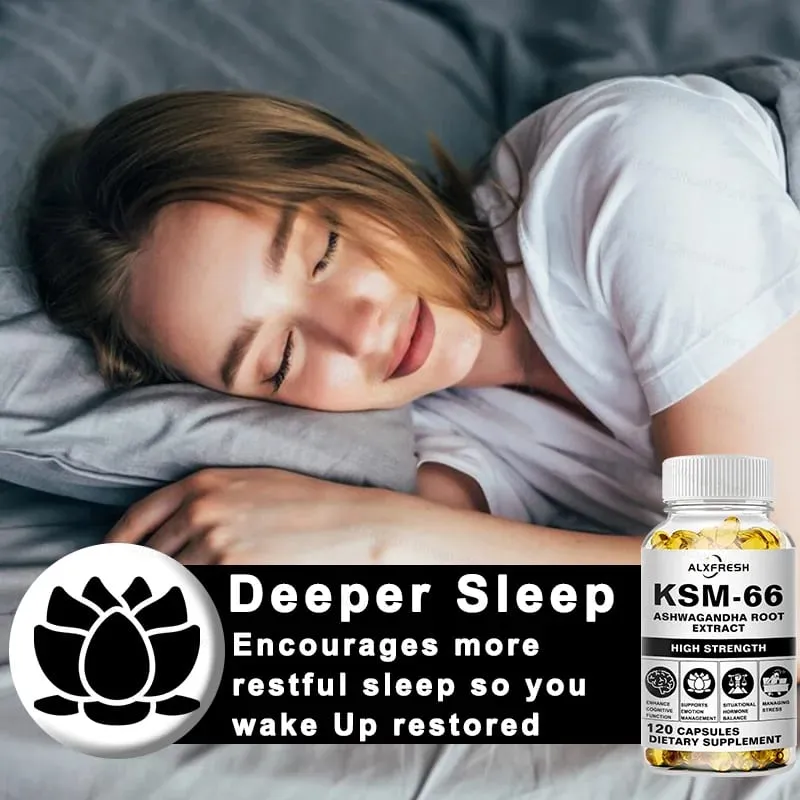 Natuurlijke organische Ashwagandha KSM-66 supplementencapsules voor stressverlichting Focus Hersenenergie Ondersteuning Slaapgezondheidssupplement