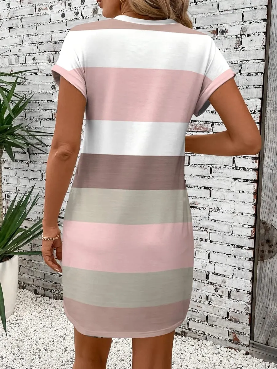 Vestido feminino listrado plus size casual solto manga curta vestido de verão com bolsos