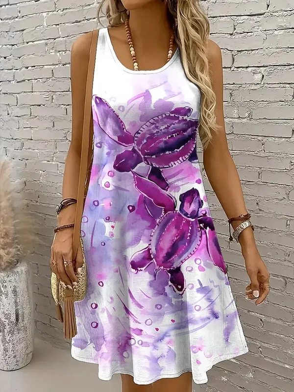 Women's Off Shoulder Sleeveless Crew Neck A-Line Mini Dress Turtle Print Casual Spring Summer Beach Vacation Dress