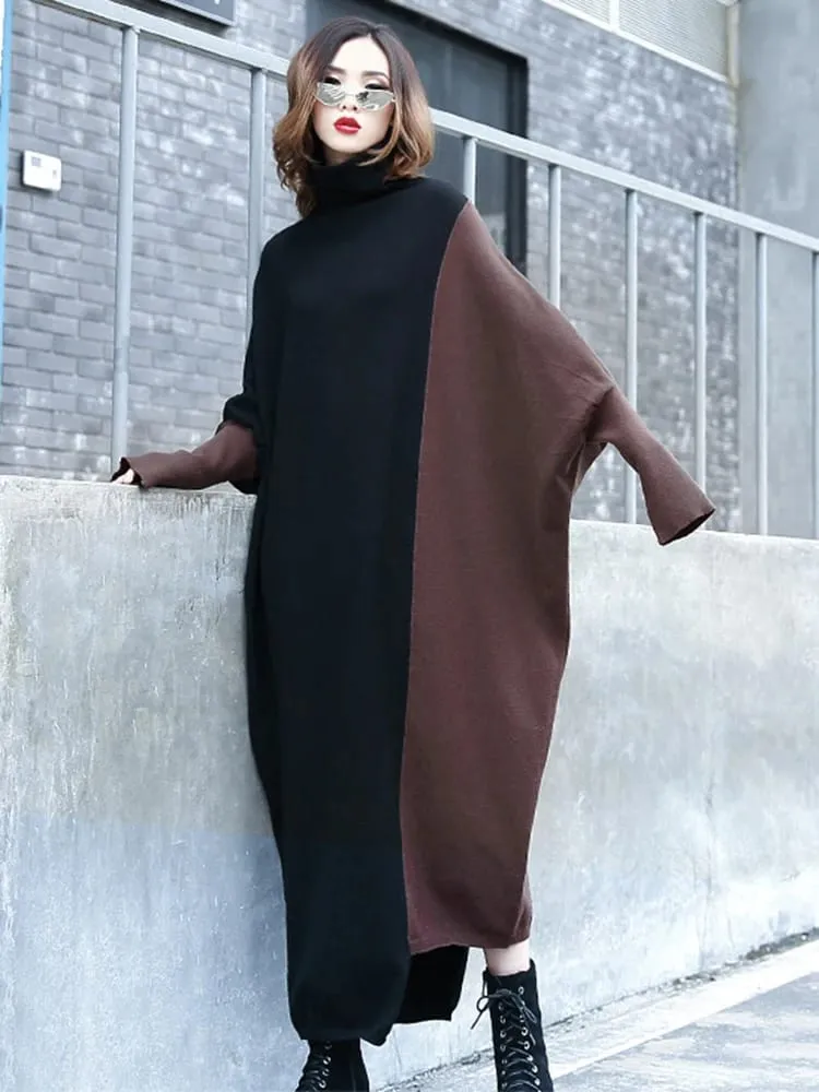 [EAM] Women Coffee Color-block Big Size Long Sweater Dress New Turtleneck Long Sleeve Fashion Tide Spring Autumn 2026 1DJ2393