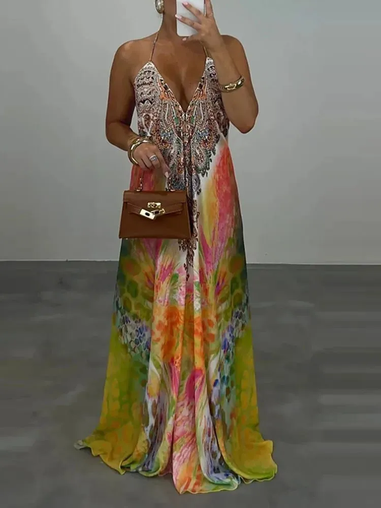 Casual High Waist Evening Party Dress Sexy V-neck Backless Sleeveless Vacation Robes Elegant Bohemian Printed Women Loose Dress — image 6