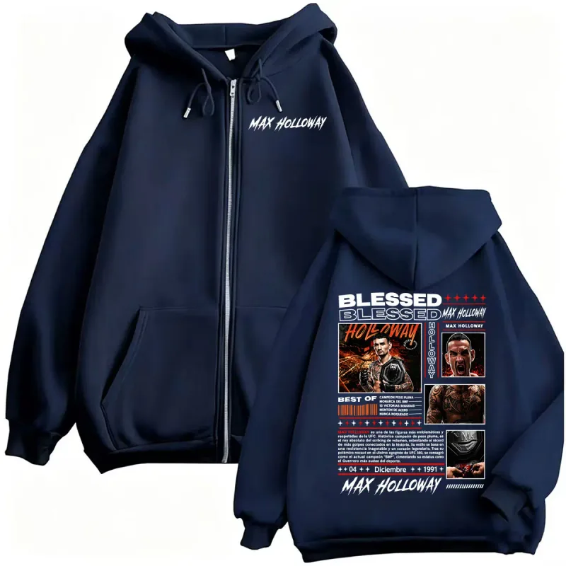 Max Holloway Blessed Retro Zip Up Hoodies Men's Harajuku Streetwear Sweatshirt Jacket Coats Bodywarmer Cozy Fleece Zipper Hoodie