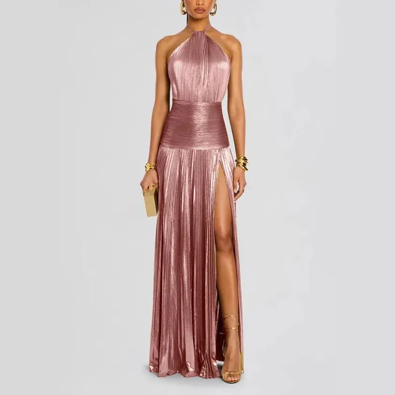 Elegant Sexy Off Shoulder Halter Pleated Slit Maxi Dress Luxury Corset Gold Evening Cocktail Dresses For Women Party Prom Gown