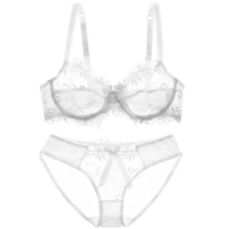 Women Sexy Sheer Mesh Lace Bra Set Thin Minimizer Big Bust Bowknot Pure Desire Lingerie Brassiere Underwear 34‑40 BC