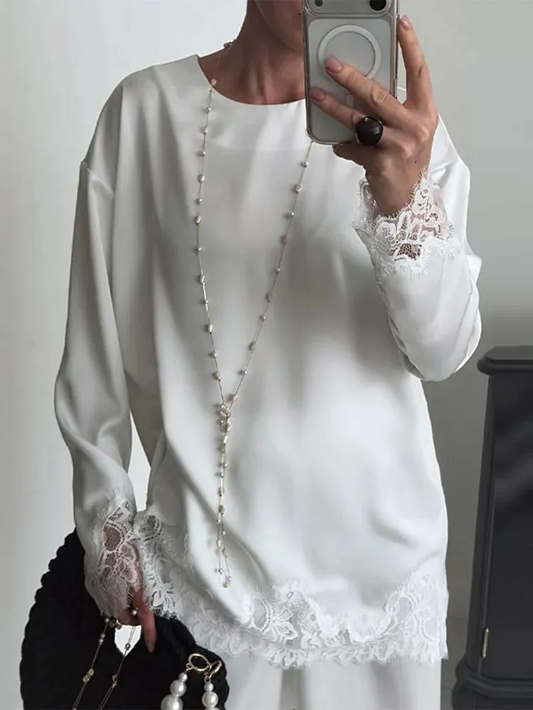 Elegant Women's Dress O-neck Full Sleeve Loose Solid Lace Hem Female Short Dresses 2026 Spring Summer New Sexy Fashion Lady Robe