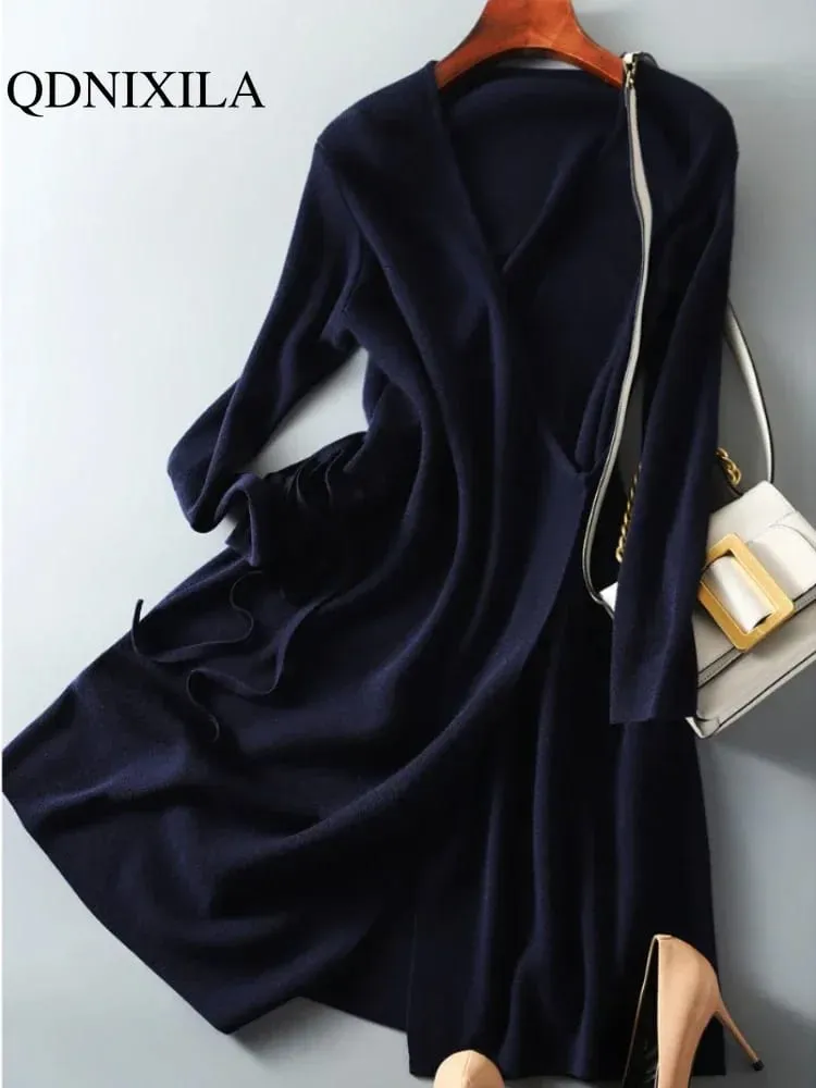 Robe pull à col en v pour femme, vêtement ample et élégant, Version coréenne, jupe tricotée, automne et hiver