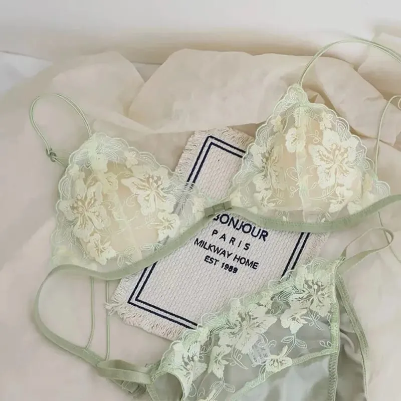 우아한 속이 빈 레이스 브래지어 & 팬티 세트 언더 와이어 없음 쉬어 프렌치 트라이앵글 컵 Bralette 보이지 않는 티셔츠 여성 속옷