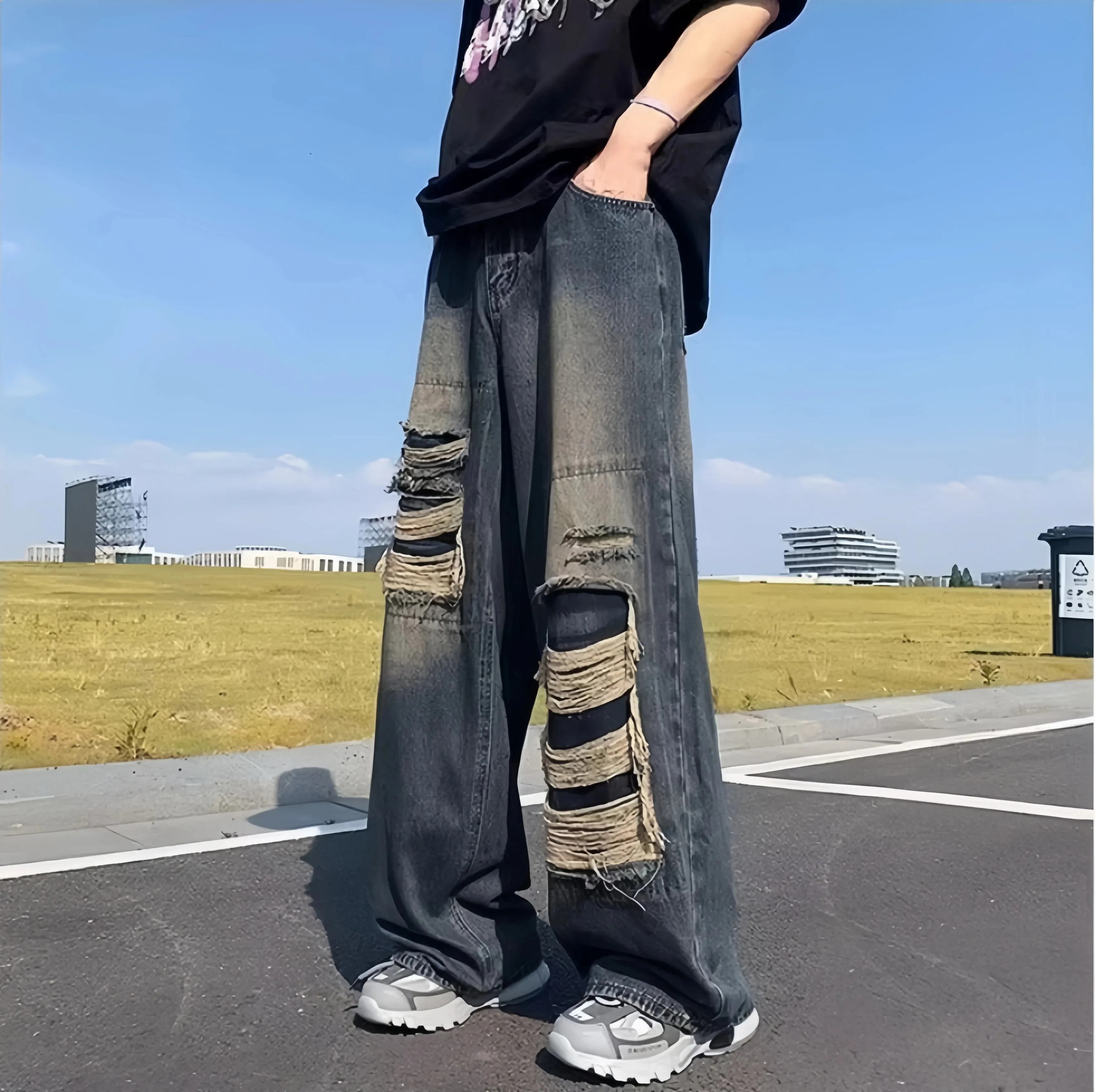 Vaqueros de pierna ancha holgados con lavado vintage oscuro para hombre Detalle rasgado deshilachado de múltiples capas Estilo urbano de Hip Hop Salida informal a la calle para uso diario Pantalones de mezclilla sueltos