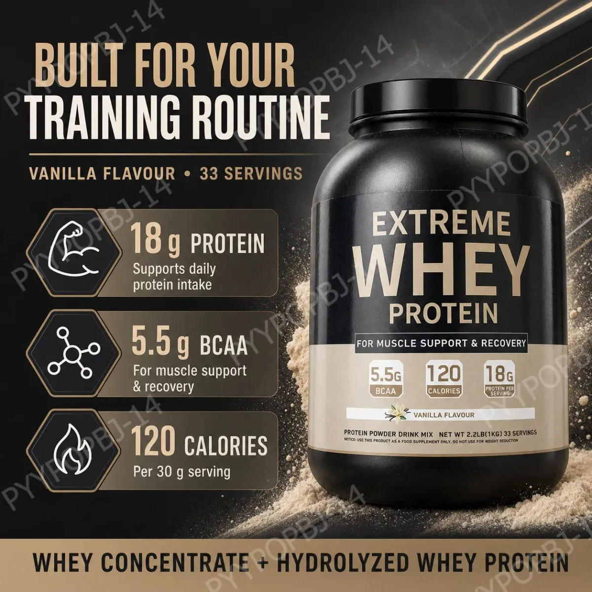 Whey Protein Powder 18g Protein 5.5g BCAA Vanilla Flavor for Muscle Support Recovery and Daily Sports Nutrition 33 Servings 1kg