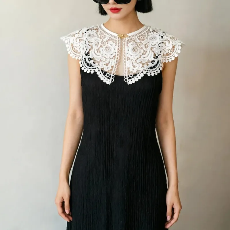 Pleated Sleeveless Elastic Long Dresses Women Vintage Palace Style Womens Black White Doll Fake Collar Soft Midi Dress Clothing