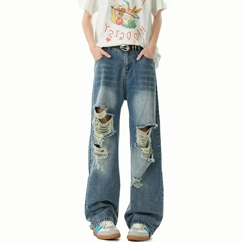 New Spring/Autumn Fashion Solid Color American Retro Straight Leg Ripped Jeans Men's Casual Loose Fit Sports High Quality Jeans