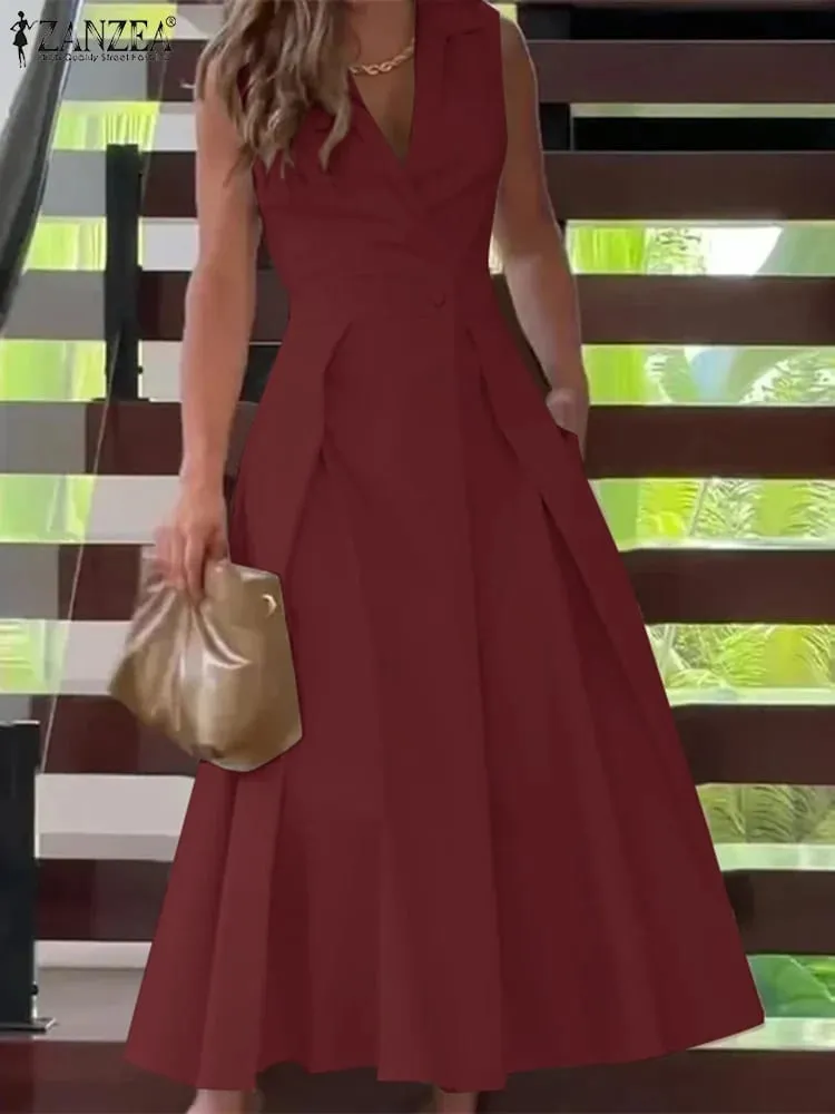 Pendlermode Midikjole Sommer Revershals Elegant Cinched Talje Plisseret Kjoler Kvinder Solid Farve A-line Vestidos