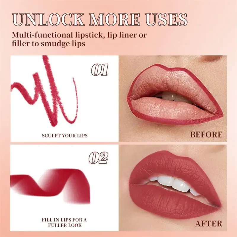Lipstik Matte Tahan Air Liner 2-In-1 Pensil Pigmentasi Tinggi Warna Bibir Formula Pelembab Halus Lipstik Gradien Alami