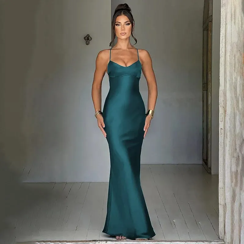 New Fashion Backless Women's Evening Dresses Slash Neck Spaghetti Strap Satin Dress Spring and Summer High Waist Slim Lady Dress