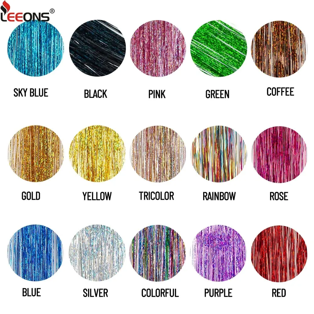 Straight Rainbow Colored Party Highlights Clip On In Hair Extensions Bling Hair Piece Synthetic Hairpieces Sparkling Tinsel Red