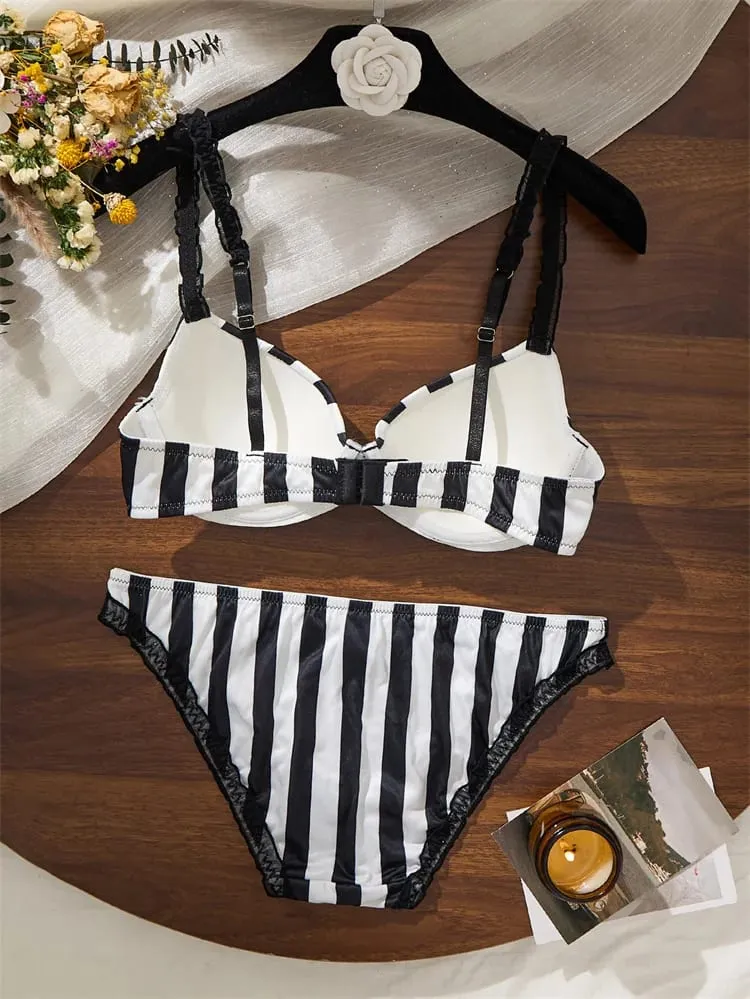 Sexy Lingerie Black and White Stripes Lingeries Set Steels Ring Push Up Bra Underwear Set Elegant Intimate Lingerie for Woman