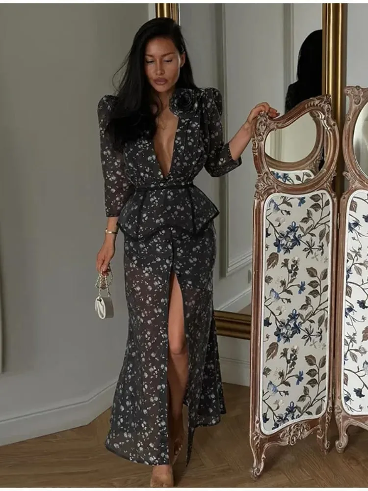 Organza Floral Printed Maxi Dress V-Neck Puff Sleeve 2026 Spring/Summer Romantic Women Party Gown Fashion Elegant Lady Vestidos