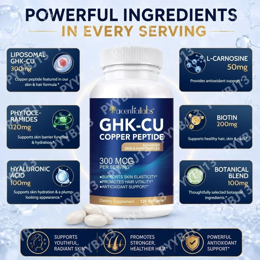 Natural Vegan Skin Hair Complex Supplements Liposomal GHK-Cu Copper Peptide Softgels Capsules 120pills with Biotin for Adults