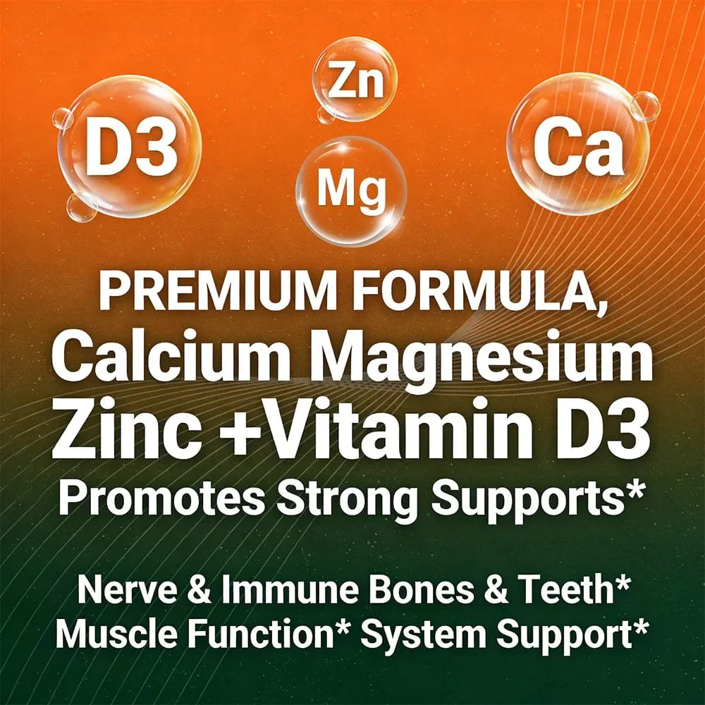 Calcium + Magnesium + Zinc + Vitamin D3 Capsules - Supports Bone and Nervous System Health and Improves Mood | Non-GMO