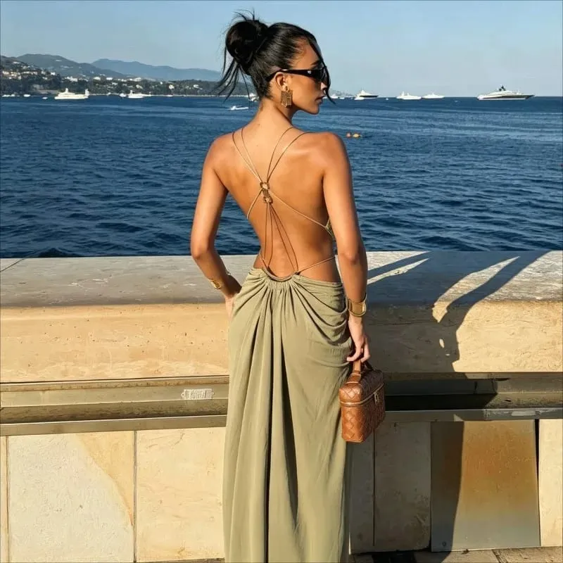 Sexy Deep V Metal Trim Spaghetti Strap Ruched Maxi Dress Cutout Crisscross Backless Slim Luxury Dresses Beach Vacation Evening